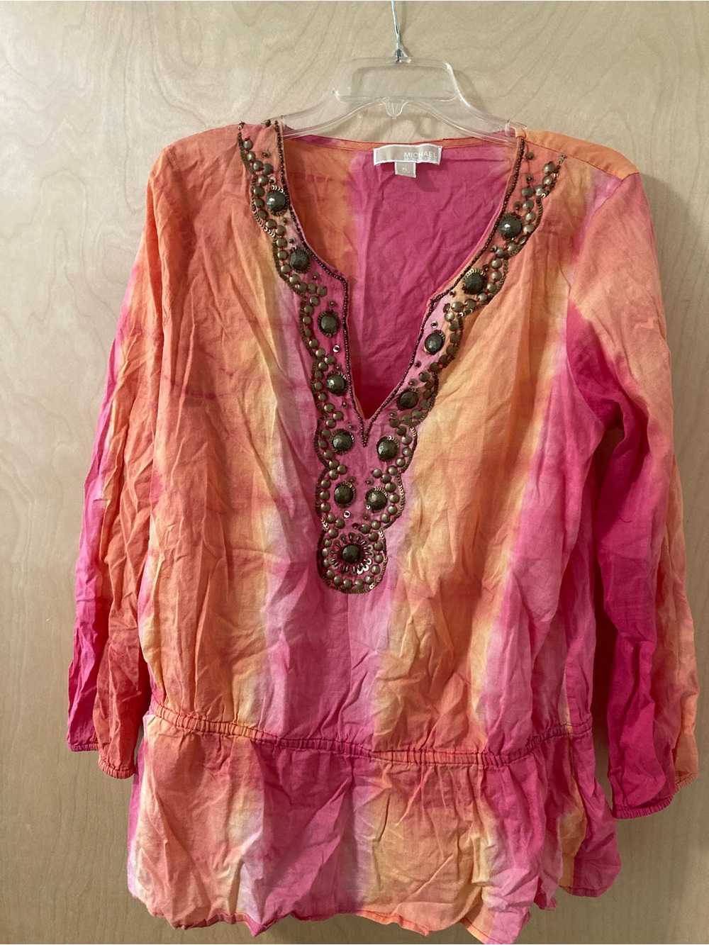 Michael Kors Pink and Orange Beaded V-Neck Boho Tunic Top Women’s Size XL